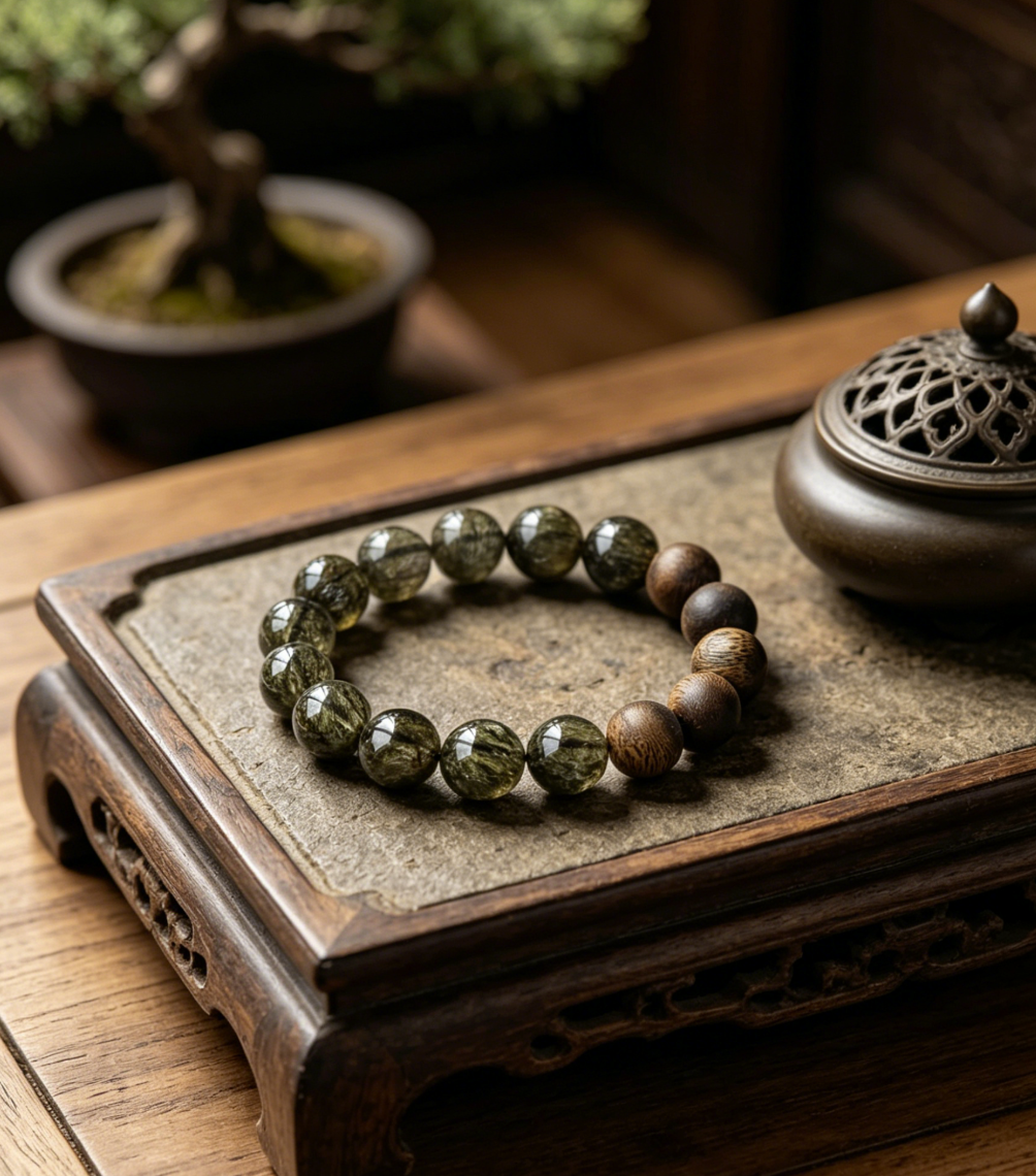 Green Rutilated Quartz × Agarwood Bracelet