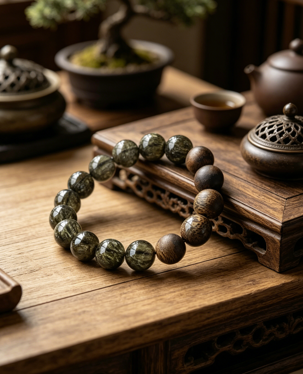 Green Rutilated Quartz × Agarwood Bracelet