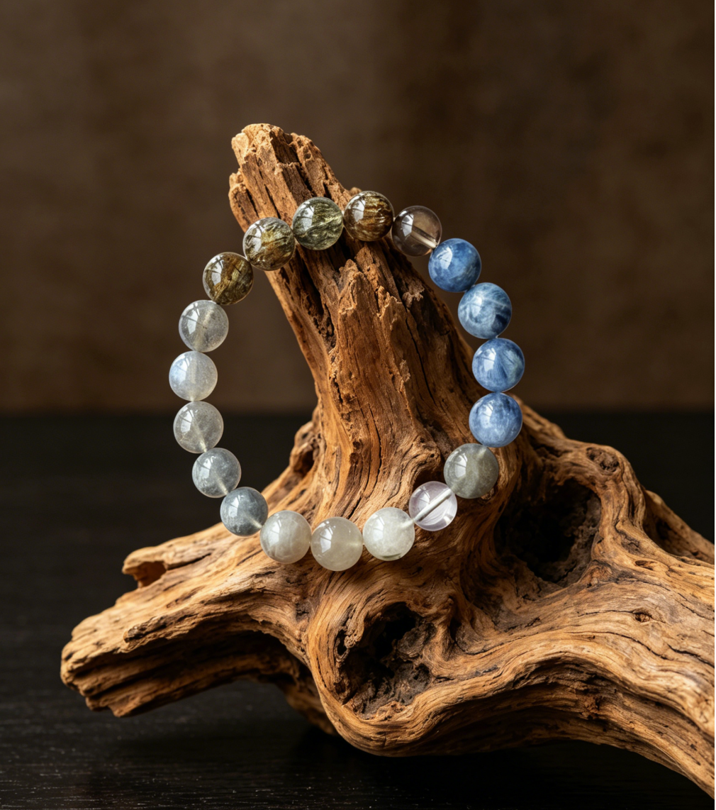 Kyanite × Green Rutilated Quartz × Grey Moonstone Bracelet